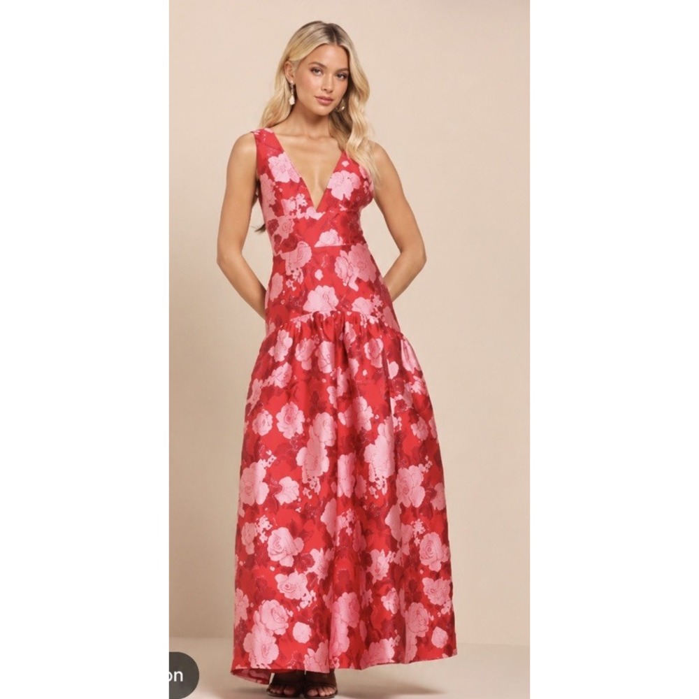 lulus red black embroidered long mesh maxi dress wedding guest XS gown formal